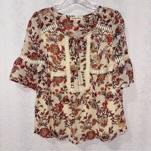 Indigo Rose Floral Boho Blouse Petite Small Lace Tassel Tie Peasant Top PS